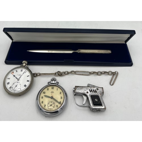 1214 - A miscellany to include Rookie novelty lighter, Smiths Empire  pocket watch, Kays pocket watch and s... 