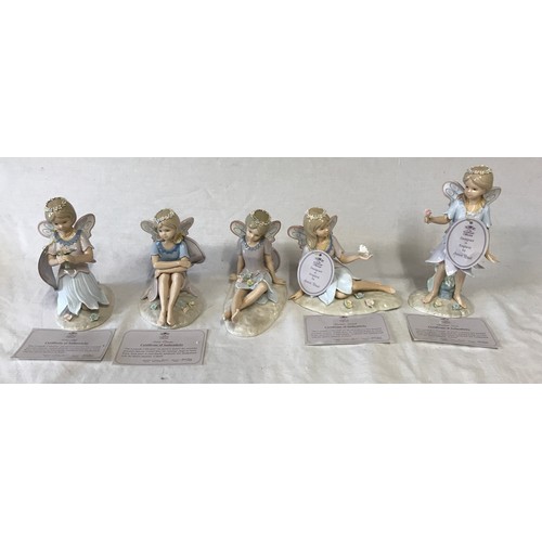 320 - A collection of five boxed ceramic faerie figures from The Leonardo Collection to include 'Rosebud F... 