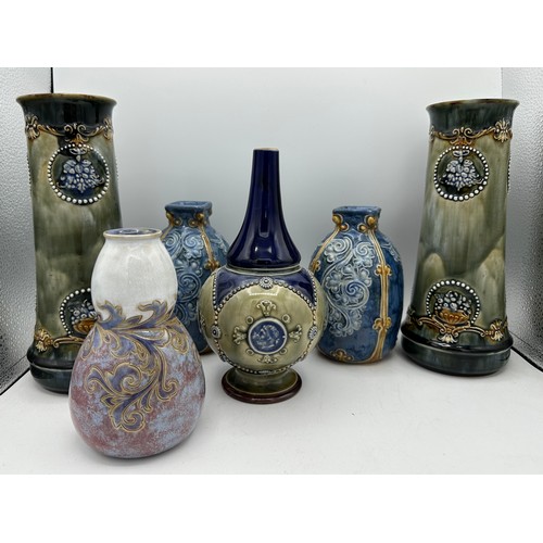 326 - Six various Doulton/ Royal Doulton vases to include two pairs. Tallest 25.5cm.