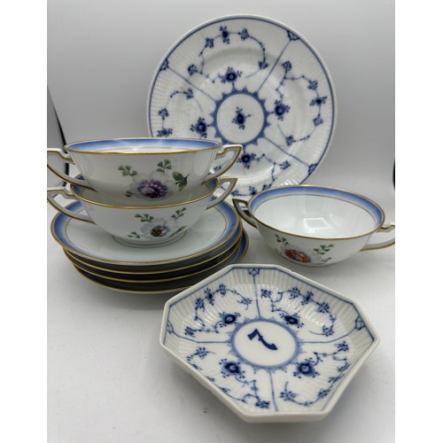 331 - Royal Copenhagen to include a plate 22.5cm , 3 x soup bowls with 4 stands and a shallow dish.