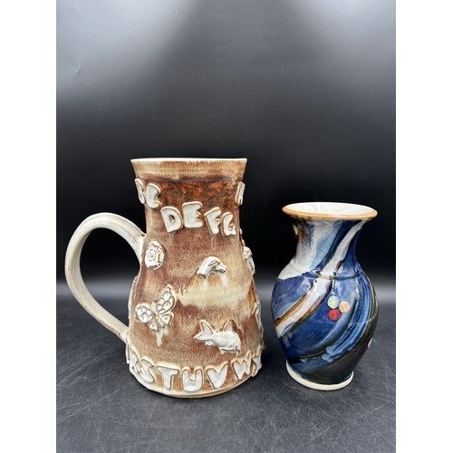 336 - Studio pottery to include a heavy alphabet jug by Jerry Harper Blacktoft, Yorkshire 1988 29cm h, a E... 