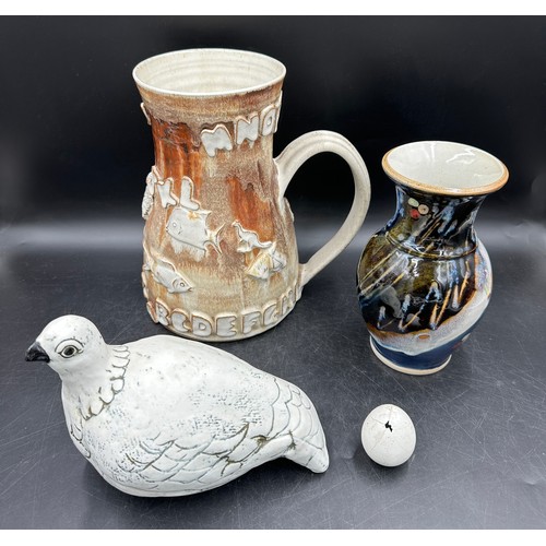 336 - Studio pottery to include a heavy alphabet jug by Jerry Harper Blacktoft, Yorkshire 1988 29cm h, a E... 