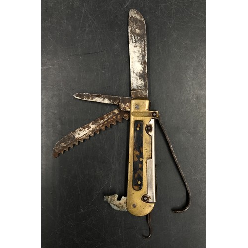 1217 - A fisherman's pocket knife with scales holding large knife, small knife, saw, can opener, hook and s... 