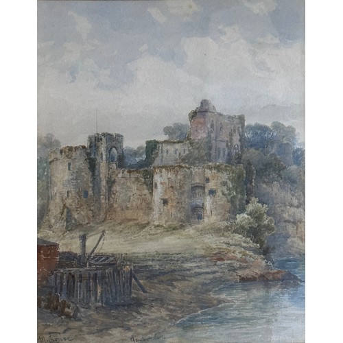 1353 - A pair of water colours one of Chepstow Castle by M. Crouse in gilt frame image size 33 x 24cm and t... 