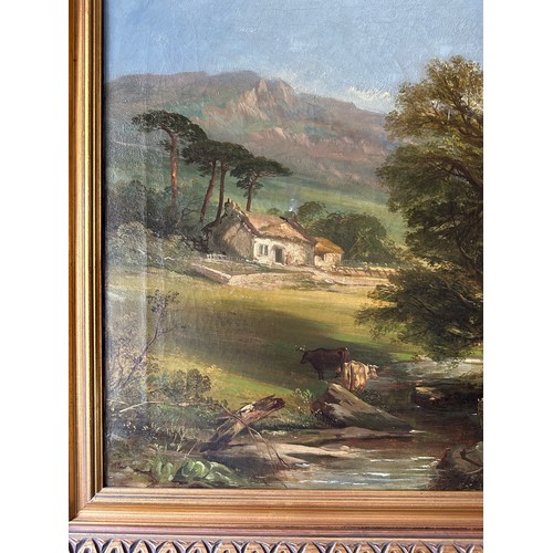 1357 - Oil on canvas of 'View near Tarbert'  a mountainous scene with stream, cattle and cottage. Signature... 