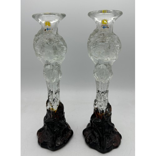 378 - A pair of Pertti Santalahti, Humppila, Finland glass candlesticks. 26.5cm h.