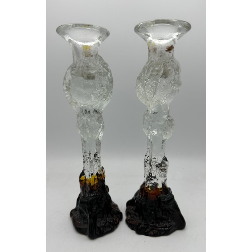 378 - A pair of Pertti Santalahti, Humppila, Finland glass candlesticks. 26.5cm h.