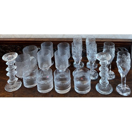 381 - A quantity of Littala glass ware from Finland to include two candlesticks, 18cm together with  six E... 