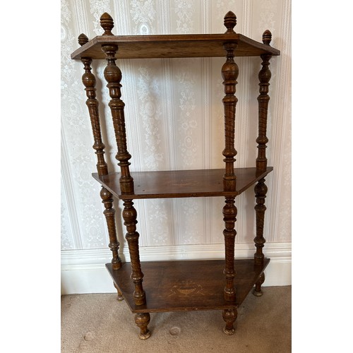 134 - A 19thC walnut inlaid 3 height whatnot. 97 h x 68 w x 28cm d.