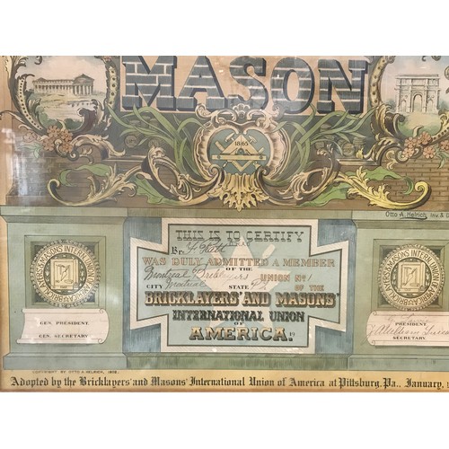 1275 - A framed poster advertising The bricklayers and Masons international union of America.