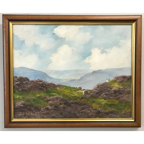 1358 - Lewis Creighton (1918-1996): An oil on board of a Moorland scene with sheep grazing signed lower lef... 