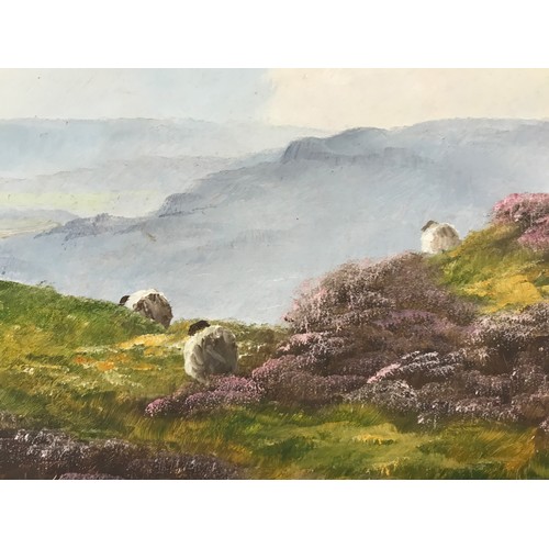 1358 - Lewis Creighton (1918-1996): An oil on board of a Moorland scene with sheep grazing signed lower lef... 