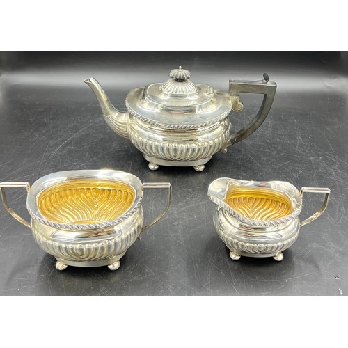 858 - Three piece silver tea service with gadrooned decoration Birmingham 1923. Maker Joseph Gloster Limit... 