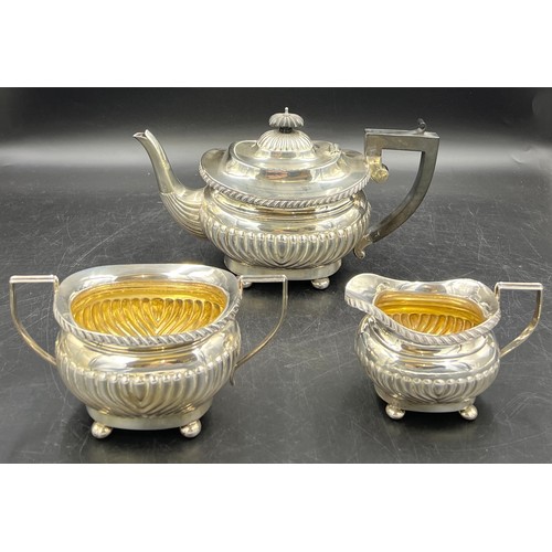 858 - Three piece silver tea service with gadrooned decoration Birmingham 1923. Maker Joseph Gloster Limit... 