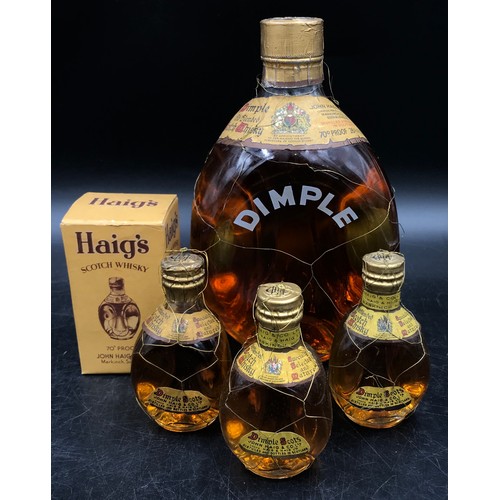 718 - One large and three miniature bottles of John Haig Dimple whisky. One miniature in a box.