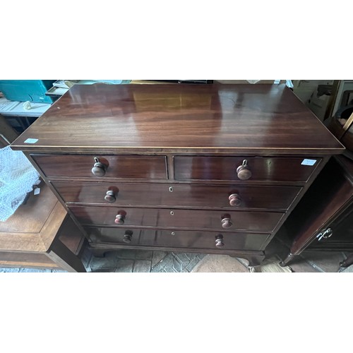 141 - A 19thC mahogany chest of 2 short over 3 graduated drawers on bracket feet. 87 h x 100 w x 52cm d.