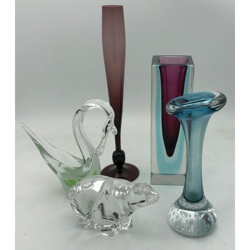 382 - A collection of mid century glass to include two sommerso vases one squared purple and blue encased ... 