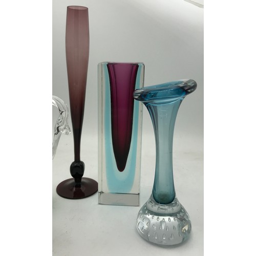 382 - A collection of mid century glass to include two sommerso vases one squared purple and blue encased ... 