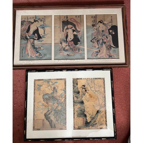 1314 - Five Japanese woodblock prints mounted in two frames. Largest 37 x 77cm.