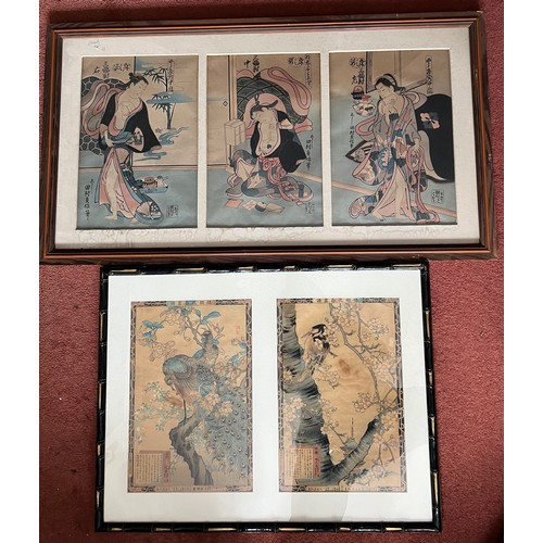 1314 - Five Japanese woodblock prints mounted in two frames. Largest 37 x 77cm.