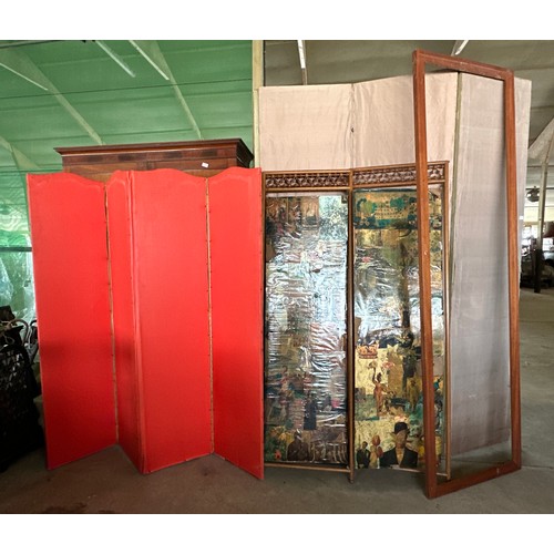 1238 - Dressing screens etc to include a four panel red fabric covered screen, three panel wooden framed st... 