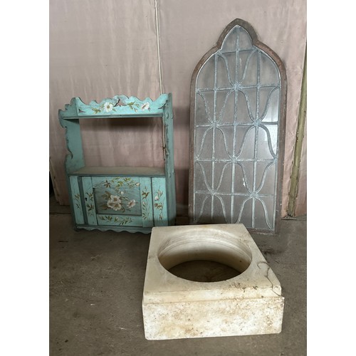 1242 - A miscellany to include leaded glass panel, marble plinth and a painted wall hanging cabinet. Glass ... 