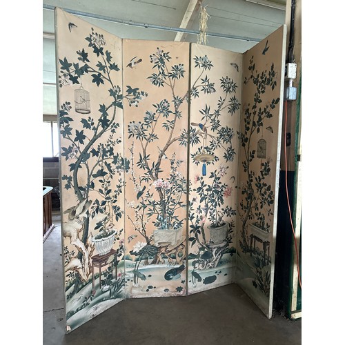 883 - A 19thC four fold dressing screen with oriental watercolour scenes. 227cm h x 218 w approximately.