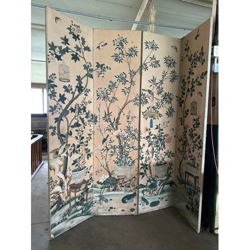 883 - A 19thC four fold dressing screen with oriental watercolour scenes. 227cm h x 218 w approximately.