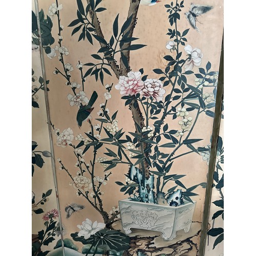 883 - A 19thC four fold dressing screen with oriental watercolour scenes. 227cm h x 218 w approximately.