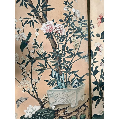 883 - A 19thC four fold dressing screen with oriental watercolour scenes. 227cm h x 218 w approximately.