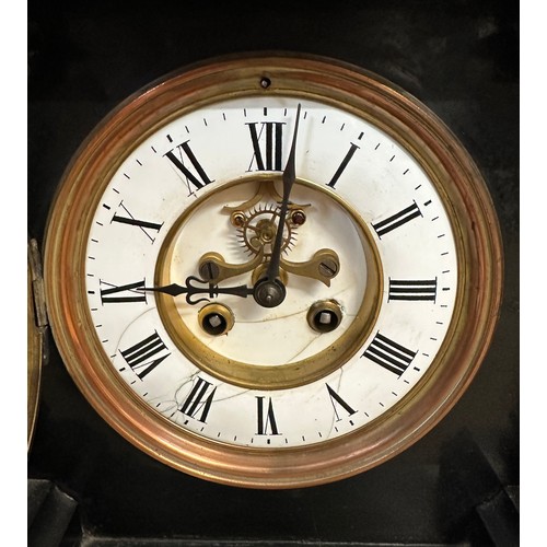 1041 - A very heavy black slate and brass 19thC mantle clock with visible brocot movement by JJS, 3 Corinth... 