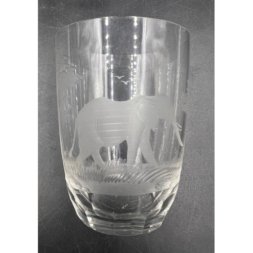 384 - Five Rowland Ward engraved glass tumblers. 10cm h.