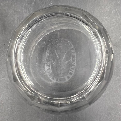 384 - Five Rowland Ward engraved glass tumblers. 10cm h.