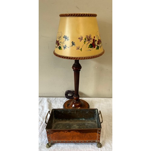 763 - A vintage wooden table lamp with reeded column and a hand painted shade, 59cm h to top of shade, tog... 