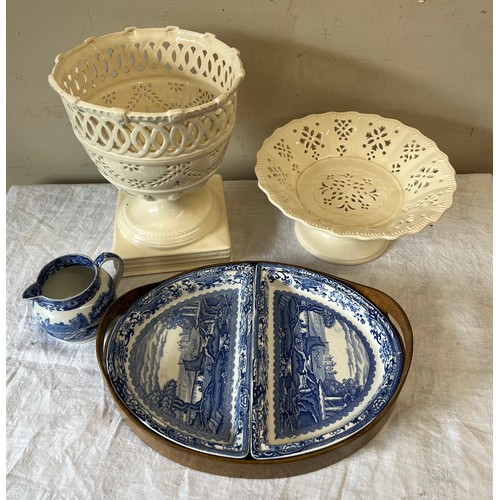 345 - A quantity of ceramics to include two Royal Creamware dishes, wooden supper tray with Booths “Old Bl... 