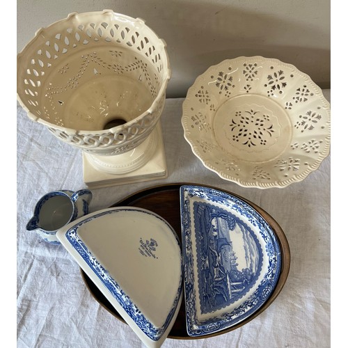 345 - A quantity of ceramics to include two Royal Creamware dishes, wooden supper tray with Booths “Old Bl... 