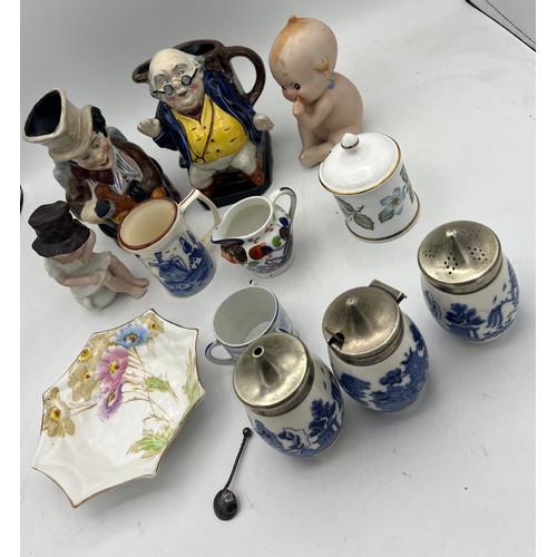 346 - Miscellaneous ceramics to include Wedgwood salt, pepper, mustard, Toby jugs, bisque baby, Royal Stan... 