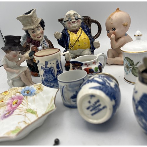 346 - Miscellaneous ceramics to include Wedgwood salt, pepper, mustard, Toby jugs, bisque baby, Royal Stan... 