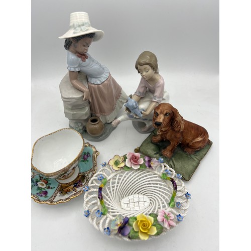 347 - Continental ceramics to include two  LLadro figures, Dresden cup and saucer, Denton China basket, Ca... 