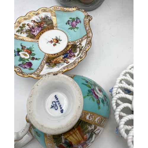 347 - Continental ceramics to include two  LLadro figures, Dresden cup and saucer, Denton China basket, Ca... 