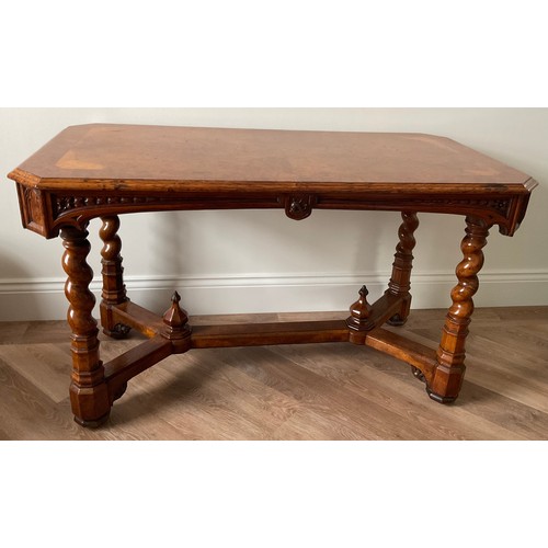 156 - A 19thC burr elm library table of exceptional quality with whale and harpoon carving and concealed c... 