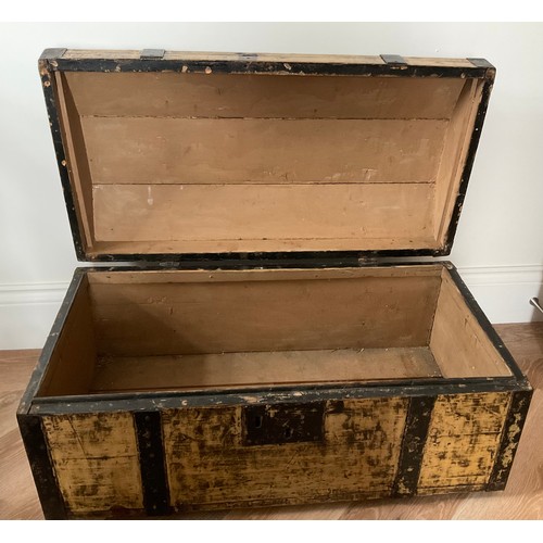 157 - A 19thC pine and metal domed topped trunk with carrying handles. 78 l x 44 w x 40 h.