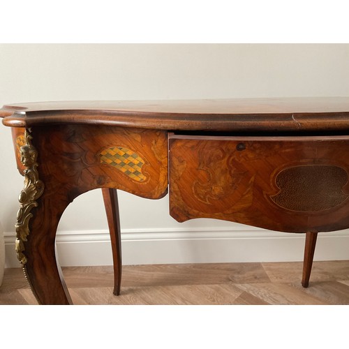 158 - A 19thC French marquetry inlaid centre table with ormolu mounts and drawer to one side. Inlaid with ... 