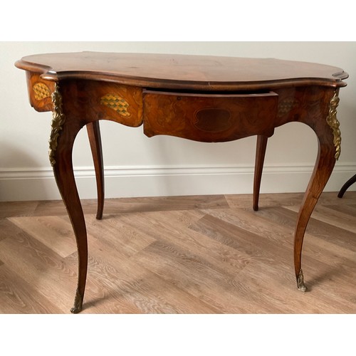 158 - A 19thC French marquetry inlaid centre table with ormolu mounts and drawer to one side. Inlaid with ... 