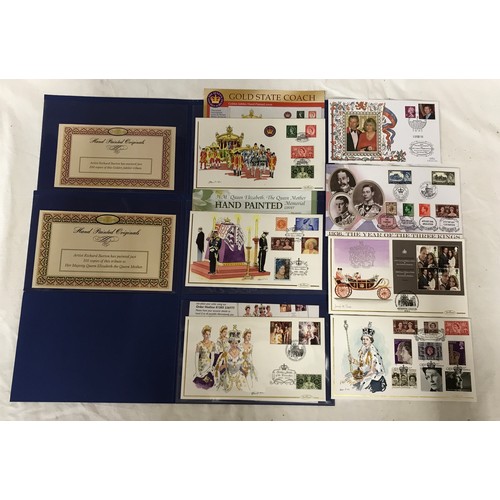 679 - Royalty themed souvenir covers, three hand painted Benham covers with documentation. Two other hand ... 