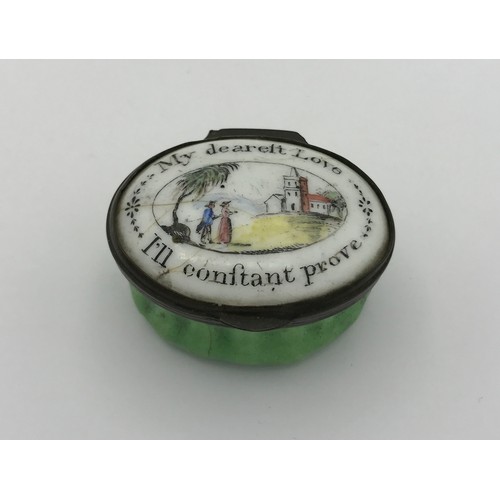 1253 - An 18thC enamel patch box written to top 'My dearest Love I'll constant prove' 4cm w.