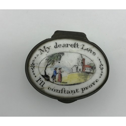 1253 - An 18thC enamel patch box written to top 'My dearest Love I'll constant prove' 4cm w.