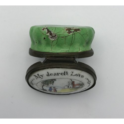 1253 - An 18thC enamel patch box written to top 'My dearest Love I'll constant prove' 4cm w.