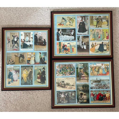 1293 - A collection of early 20thC comical postcards mounted in 3 frames. 45 x 34cm frame size.