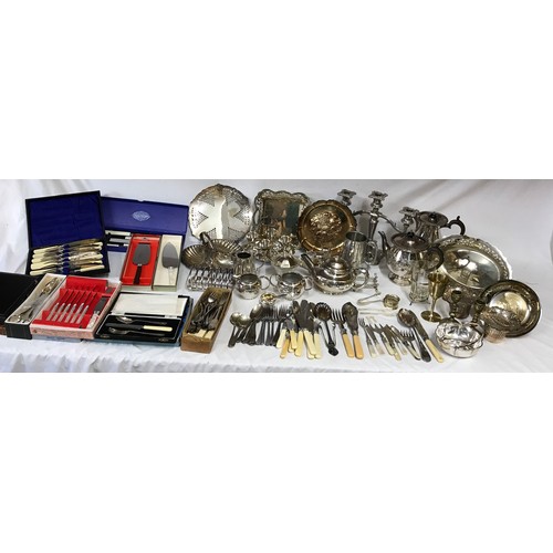 781 - A large collection of silverplate and pewter items to include trays, teapots, jugs, knives, forks an... 